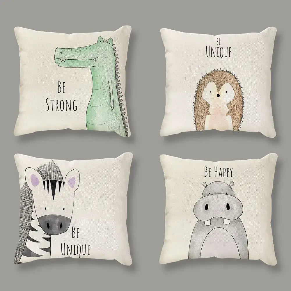 Cream cartoon animal linen pillowcase set for living room
