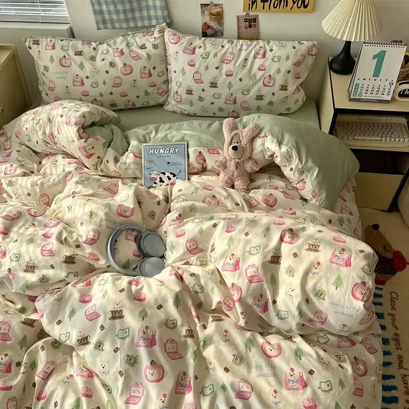 Cream cartoon bear pattern printed bedding set bedroom decor