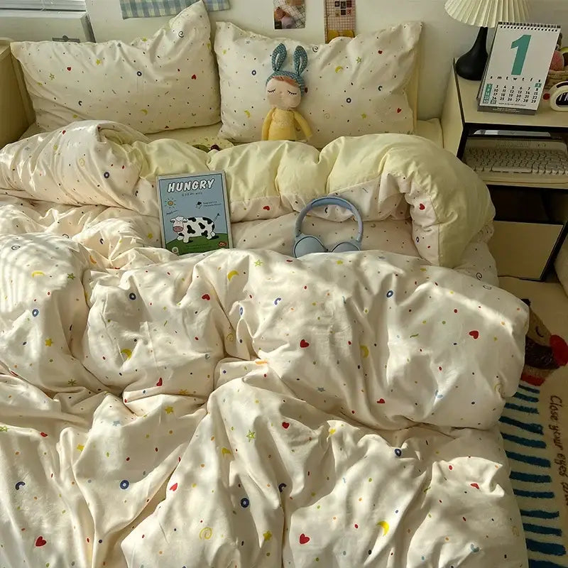 Cream cartoon bear pattern printed bedding set bedroom decor
