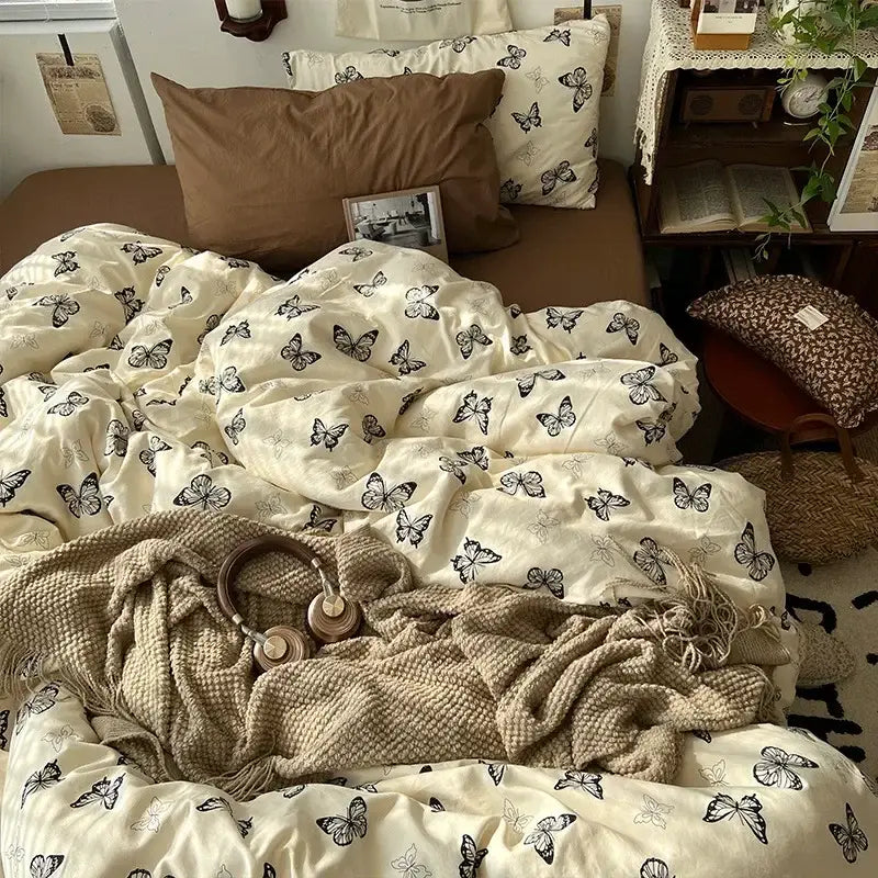 Cream cartoon bear pattern printed bedding set bedroom decor