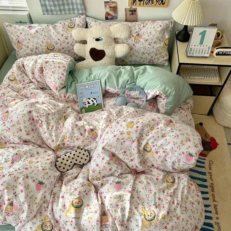 Cream cartoon bear pattern printed bedding set bedroom decor