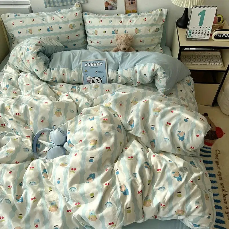 Cream cartoon bear pattern printed bedding set bedroom decor