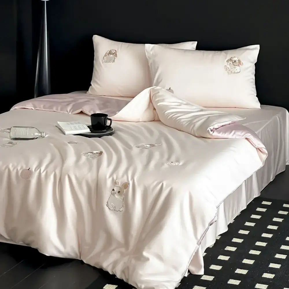 Cream cartoon embroidered ice silk bedding set bedroom bunny decor