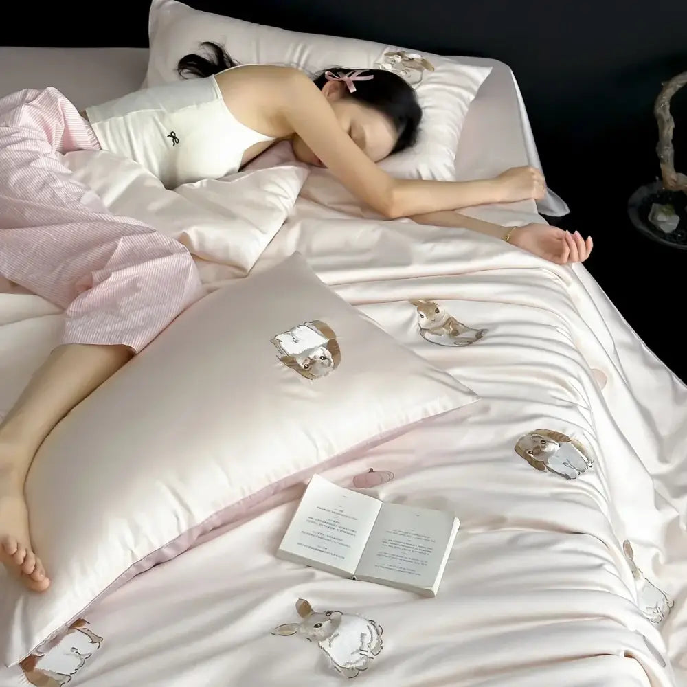 Cream cartoon embroidered ice silk bedding set bedroom bunny decor