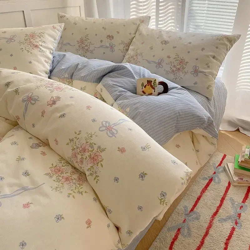 Cream cartoon printed cotton bedding set bedroom bear decor