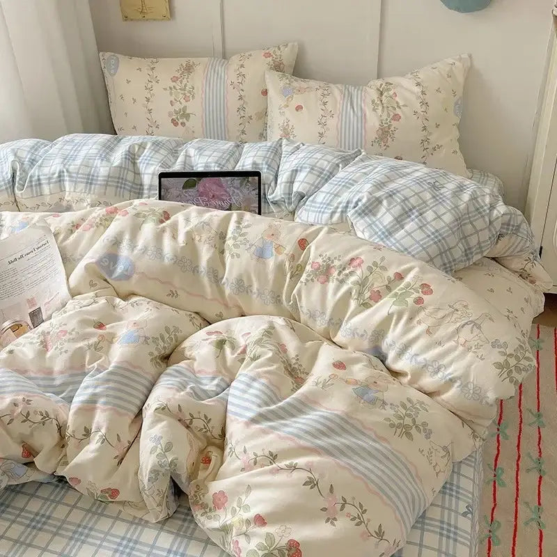 Cream cartoon printed cotton bedding set bedroom bear decor