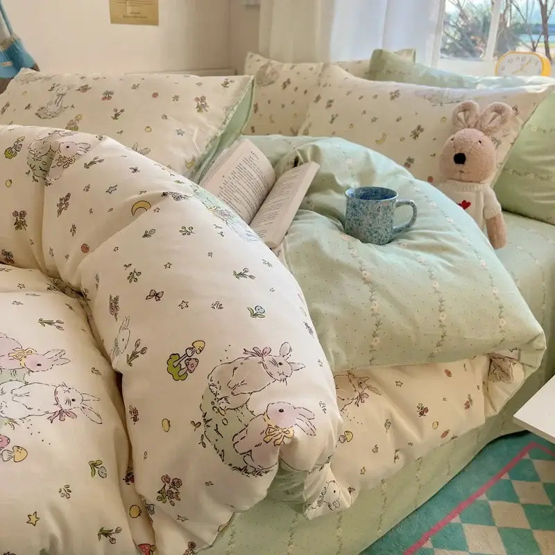 Cream cartoon printed cotton bedding set bedroom bear decor
