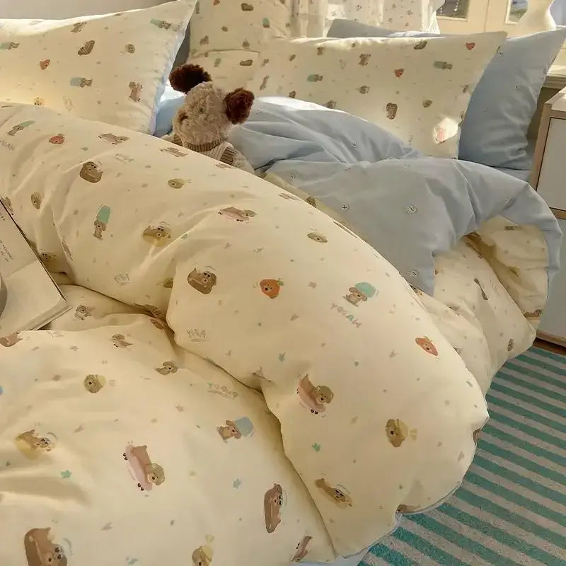 Cream cartoon printed cotton bedding set bedroom bear decor