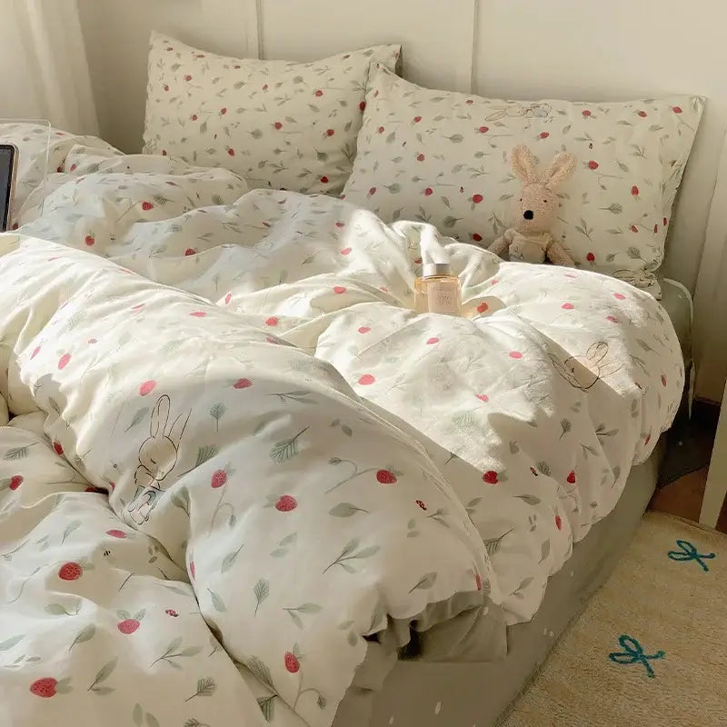 Cream cartoon printed cotton bedding set bedroom bear decor