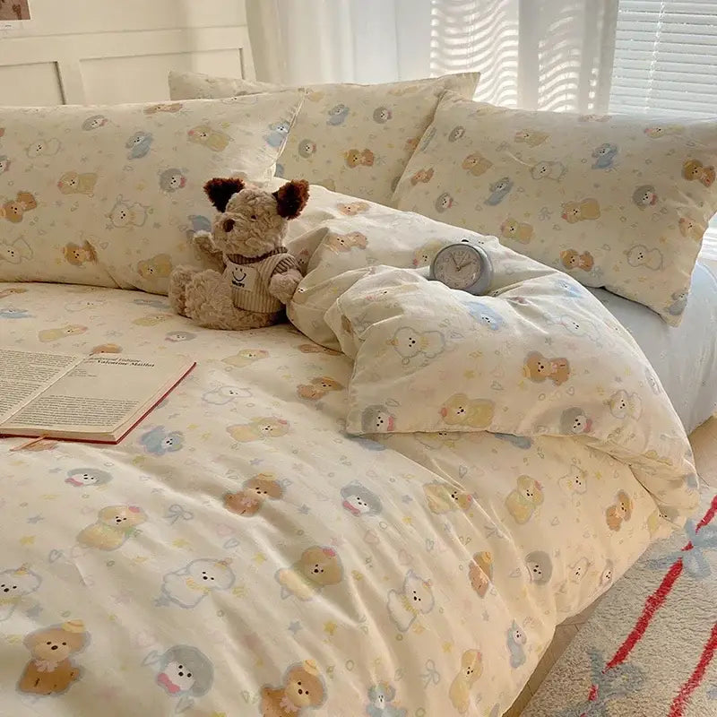 Cream cartoon printed cotton bedding set bedroom bear decor