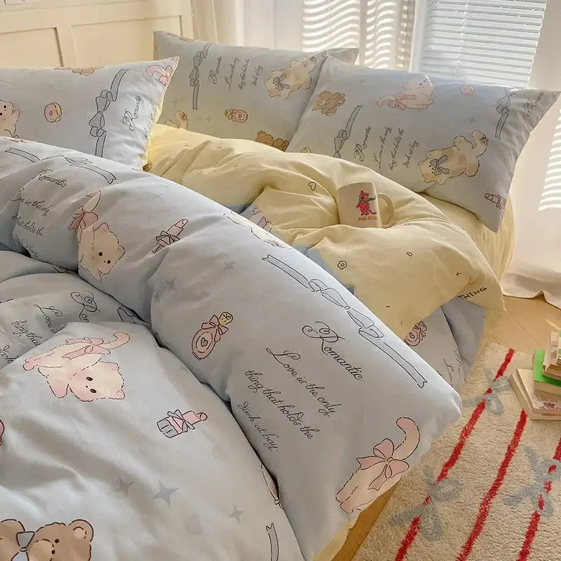 Cream cartoon printed cotton bedding set bedroom bear decor