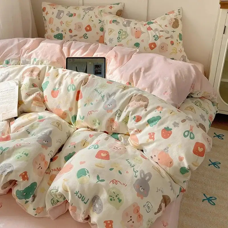 Cream cartoon printed cotton bedding set bedroom bear decor