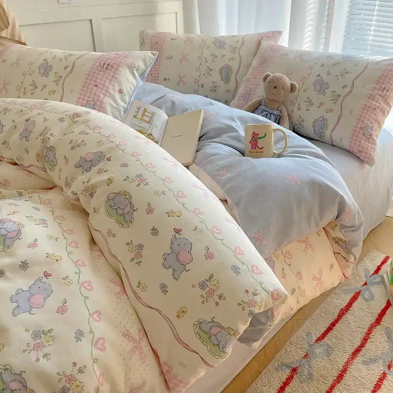 Cream cartoon printed cotton bedding set bedroom bear decor