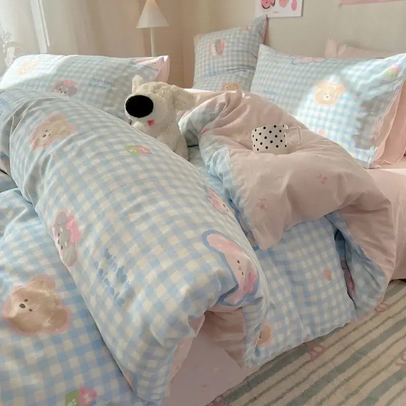 Cream cartoon printed cotton bedding set bedroom bear decor