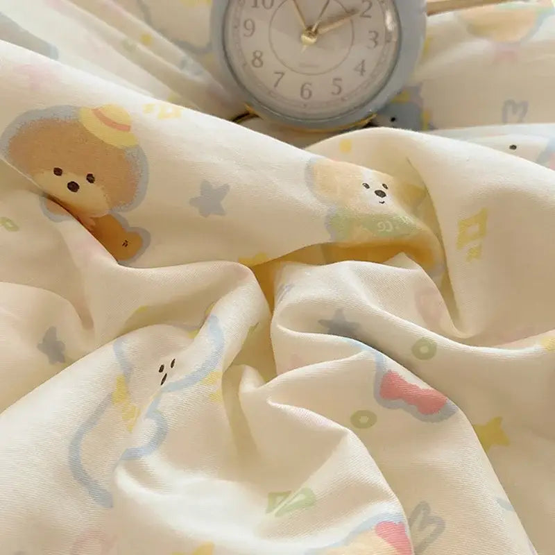 Cream cartoon printed cotton bedding set bedroom bear decor