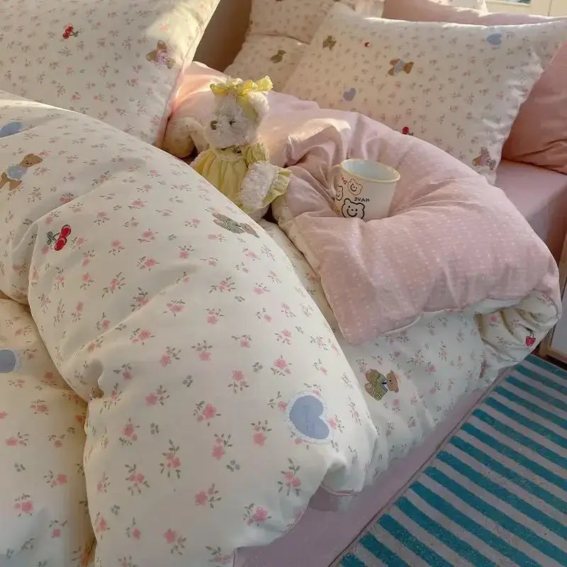 Cream cartoon printed cotton bedding set bedroom bear decor