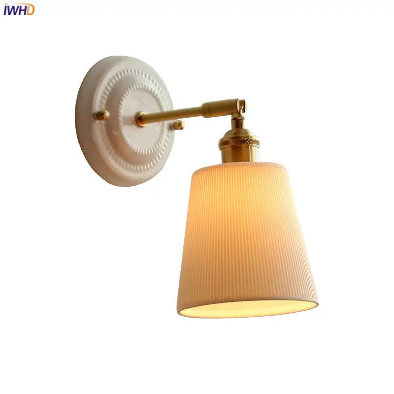 Cream ceramic led wall light with copper arm bedroom sconce