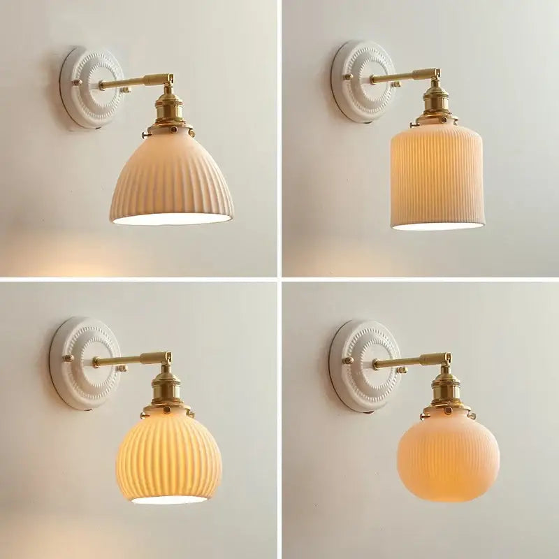 Cream ceramic led wall light with copper arm bedroom sconce