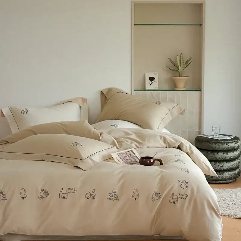 Cream embroidered brushed volcanic fleece bedding set bedroom