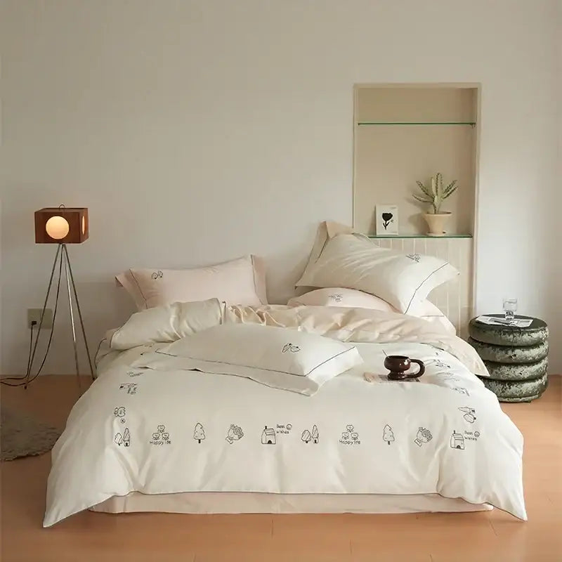 Cream embroidered brushed volcanic fleece bedding set bedroom