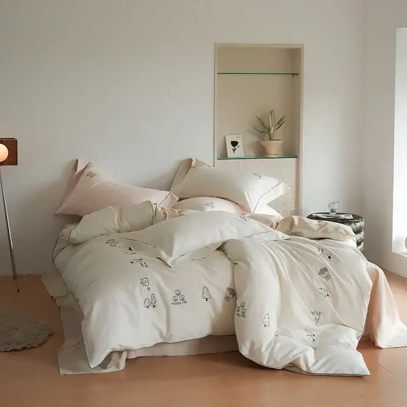 Cream embroidered brushed volcanic fleece bedding set bedroom