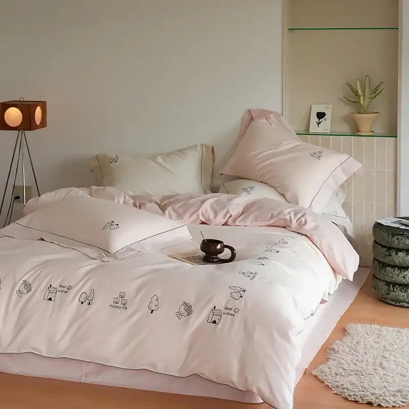 Cream embroidered brushed volcanic fleece bedding set bedroom