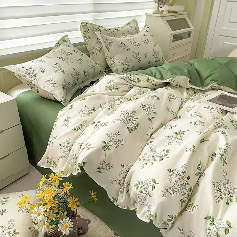 Cream floral cartoon printed bedding set for bedroom green accents