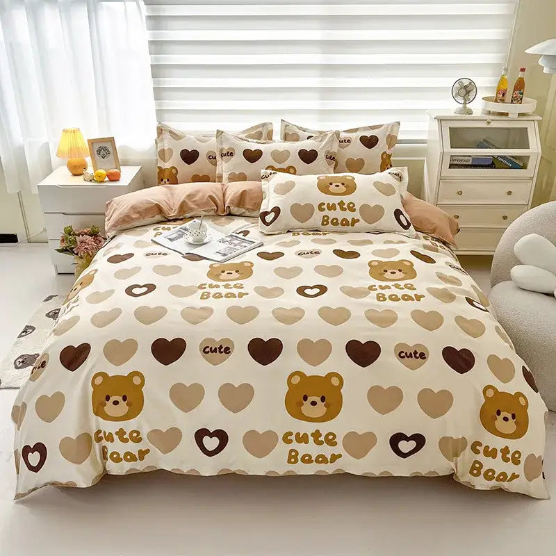 Cream floral cartoon printed bedding set for bedroom green accents