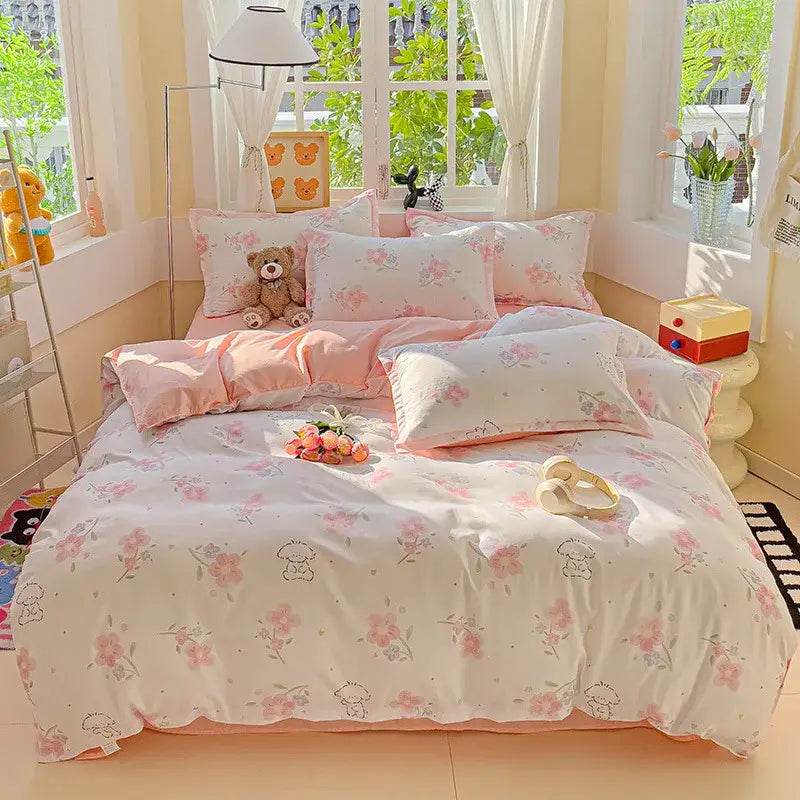 Cream floral cartoon printed bedding set for bedroom green accents