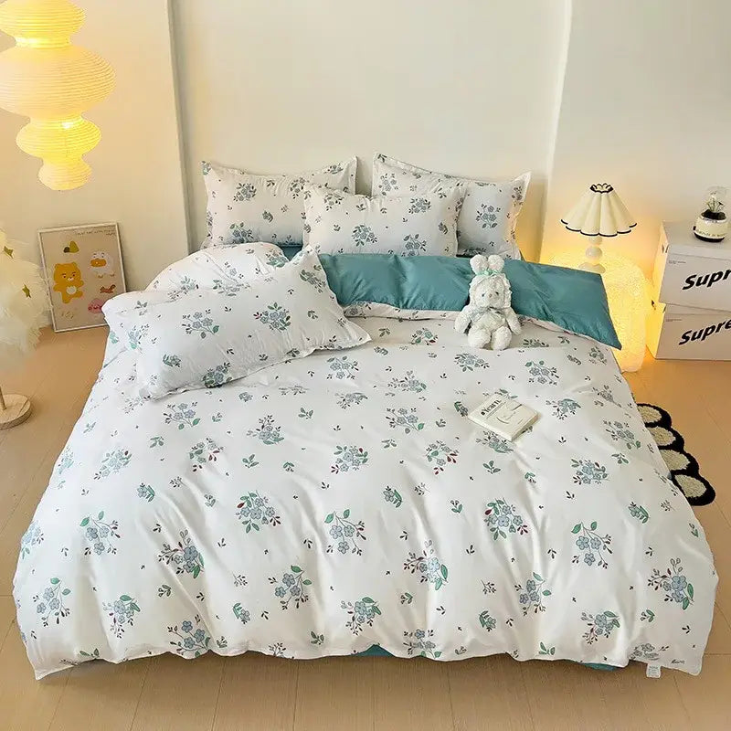 Cream floral cartoon printed bedding set for bedroom green accents
