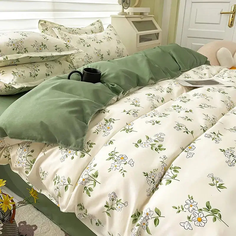 Cream floral cartoon printed bedding set for bedroom green accents