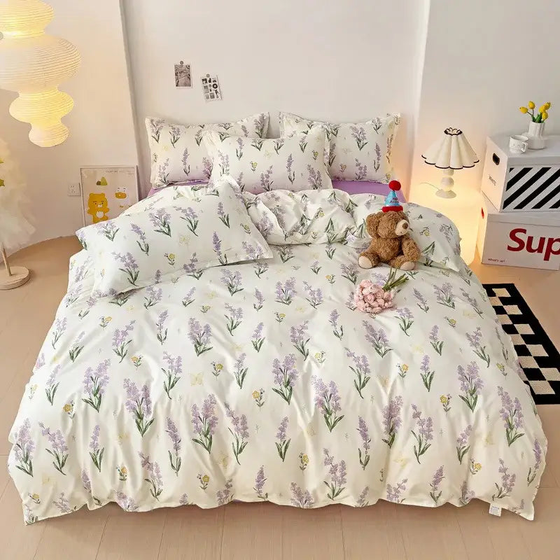 Cream floral cartoon printed bedding set for bedroom green accents