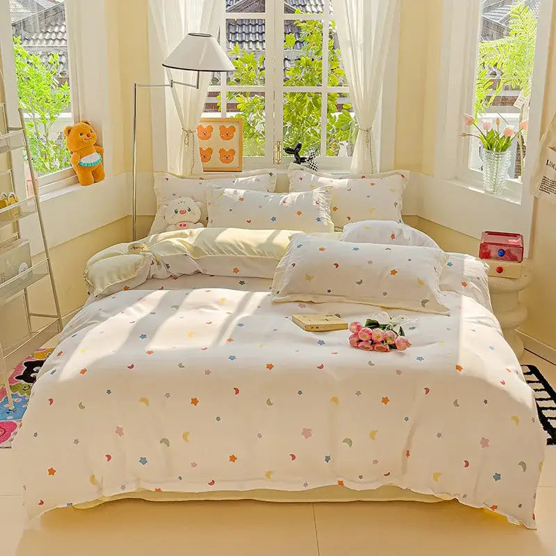 Cream floral cartoon printed bedding set for bedroom green accents