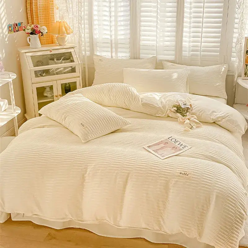 Cream ribbed bubble yarn duvet cover set bedroom bedding