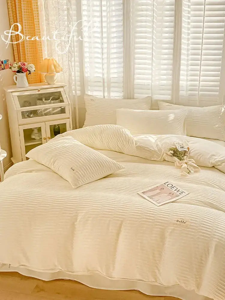 Cream ribbed bubble yarn fabric bedding set bedroom duvet cover