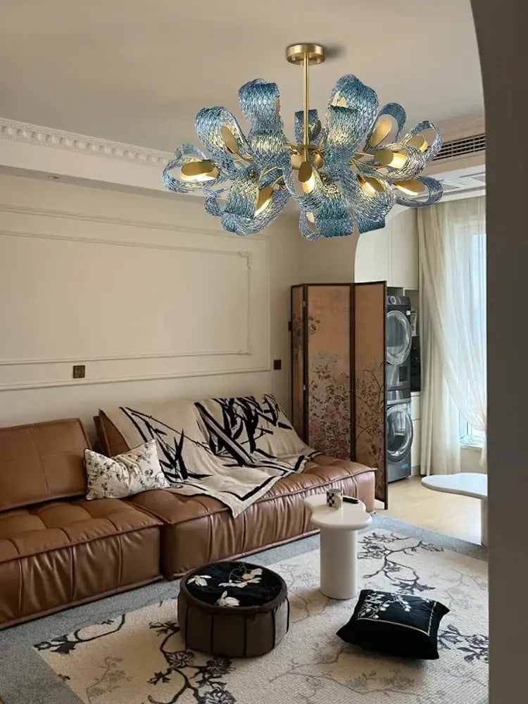 Creative blue & gold glass pendant light bedroom flower chandelier