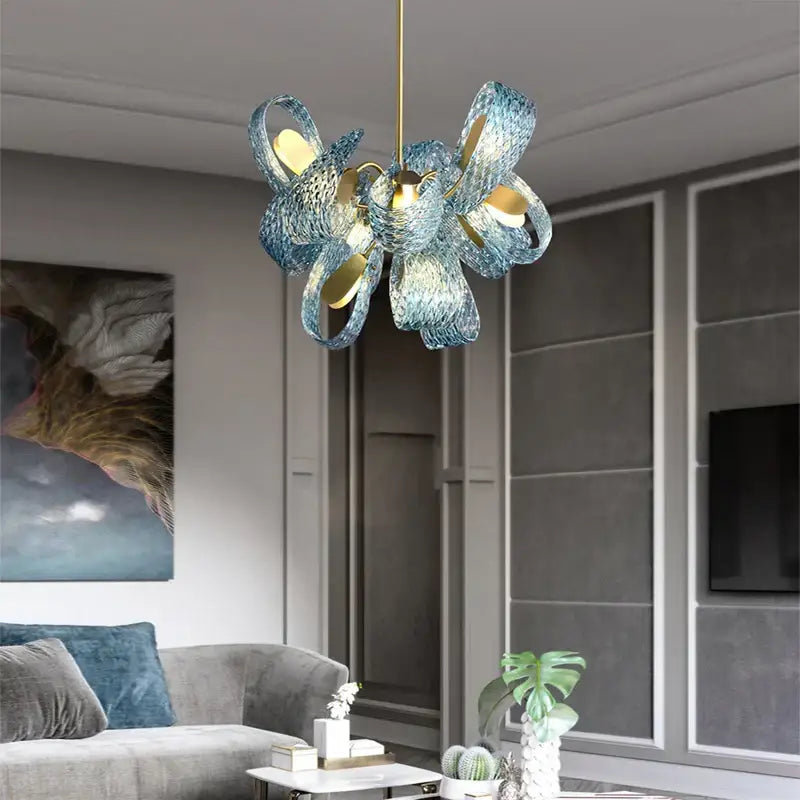Creative blue & gold glass pendant light bedroom flower chandelier