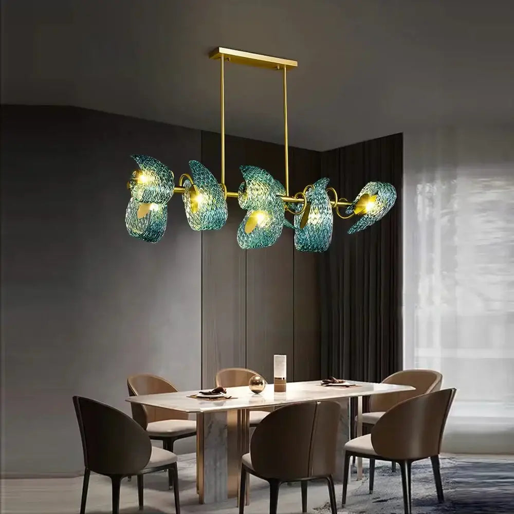 Creative blue & gold glass pendant light bedroom flower chandelier