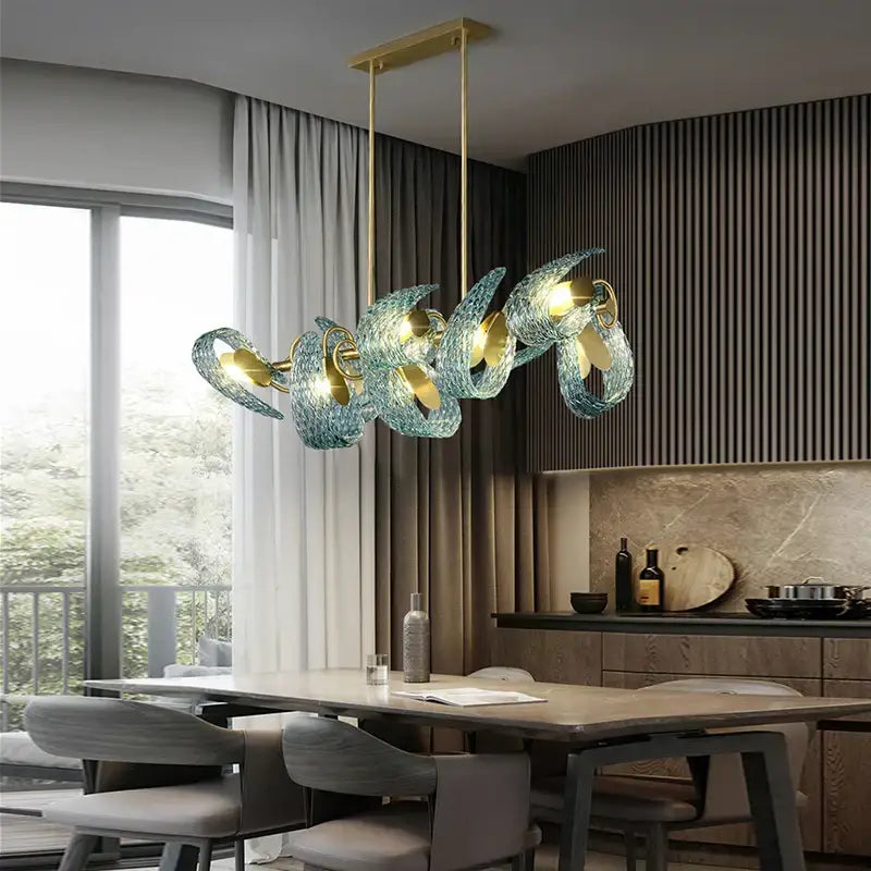 Creative blue & gold glass pendant light bedroom flower chandelier