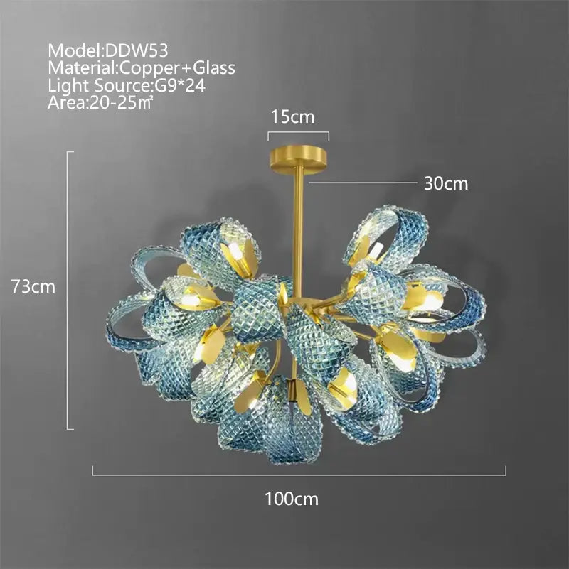 Creative blue & gold glass pendant light bedroom flower chandelier