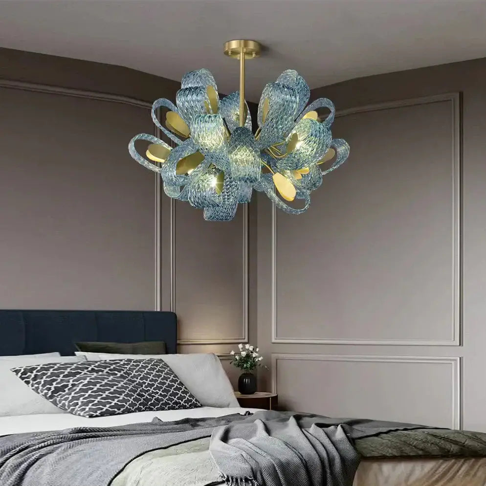 Creative blue & gold glass pendant light bedroom flower chandelier