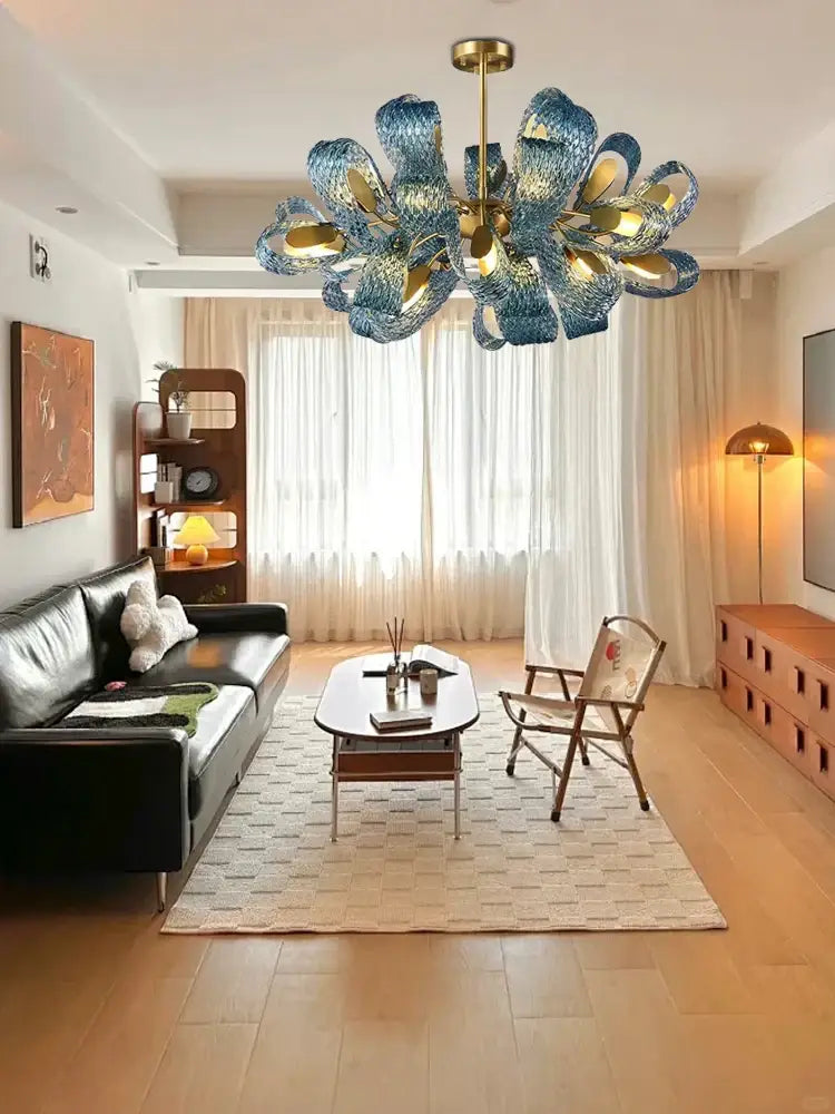 Creative blue & gold glass pendant light bedroom flower chandelier