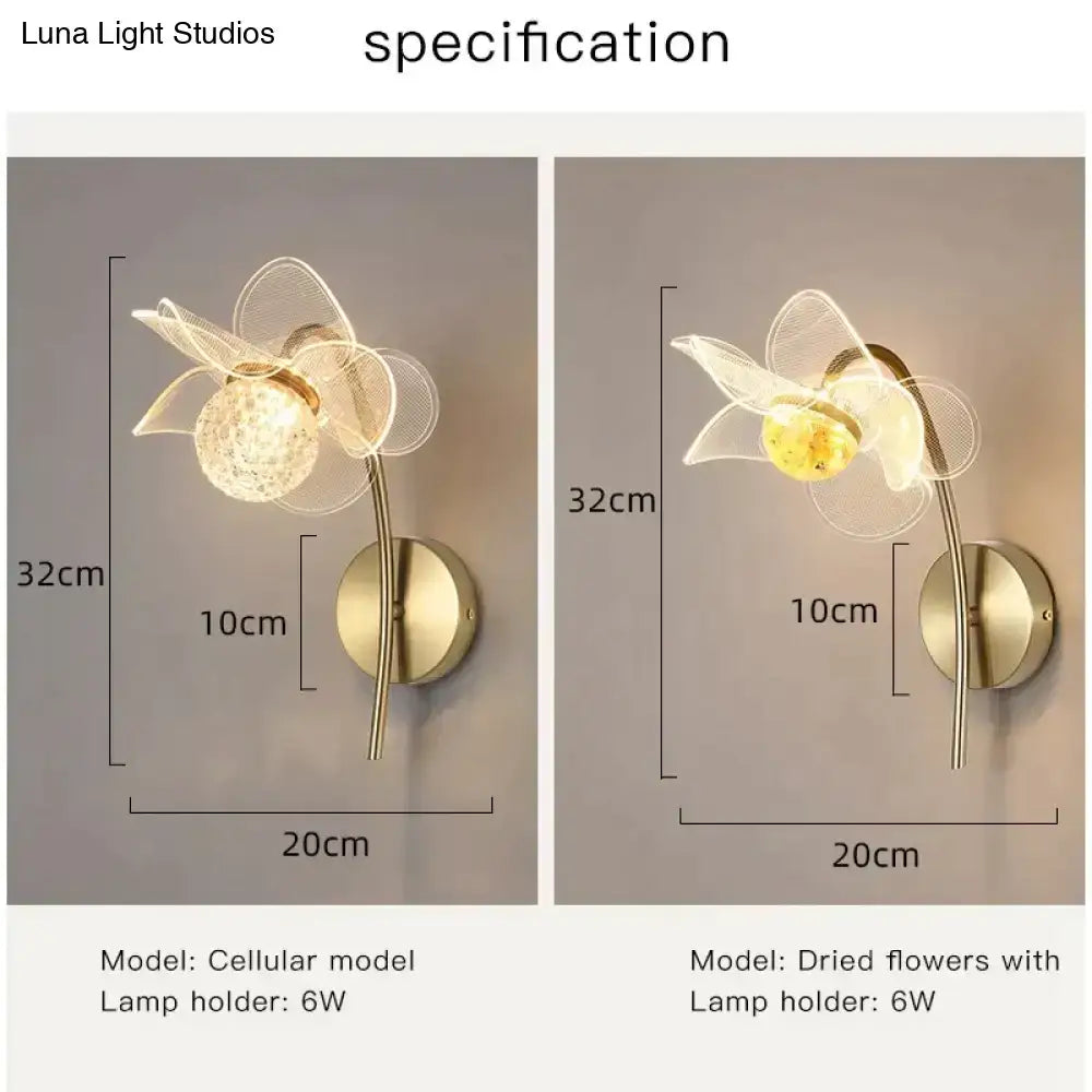 Creative floral decorative gold led wall lamp for bedroom crystal sconce