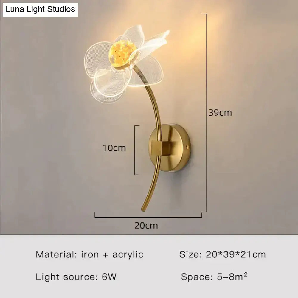 Creative floral decorative gold led wall lamp for bedroom crystal sconce
