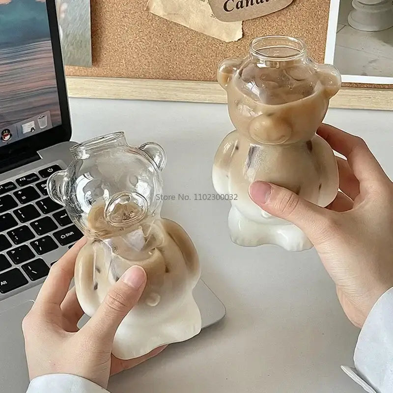 Cute bear glass cups with ceramic base – kitchen coffee drinkware