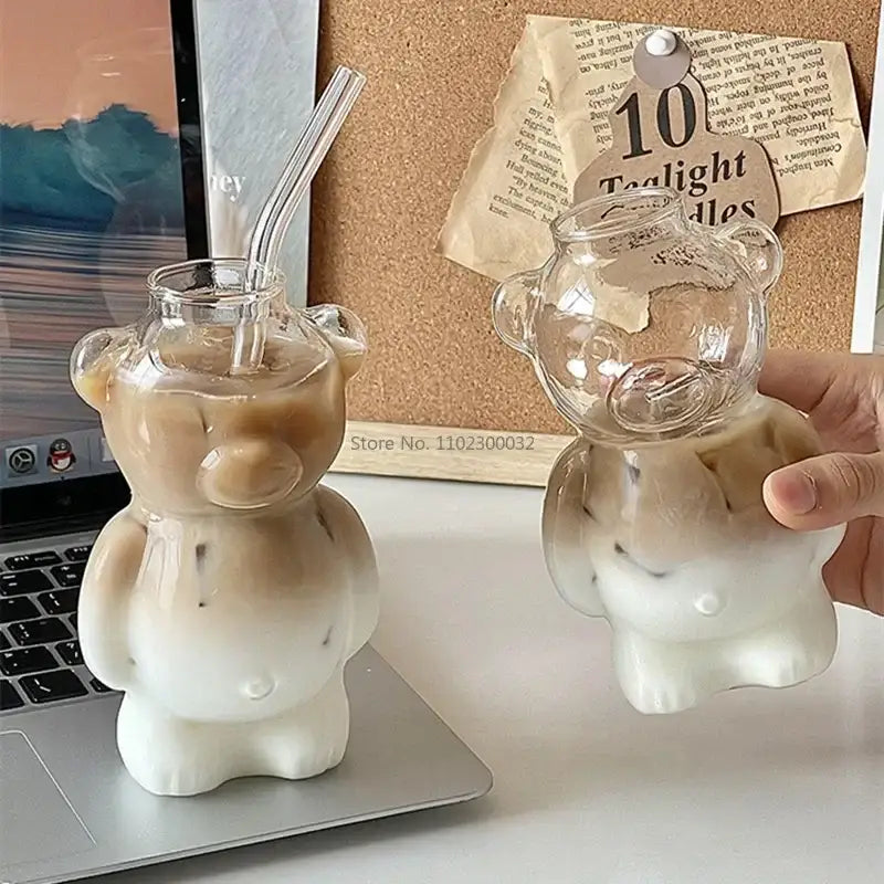 Cute bear glass cups with ceramic base – kitchen coffee drinkware