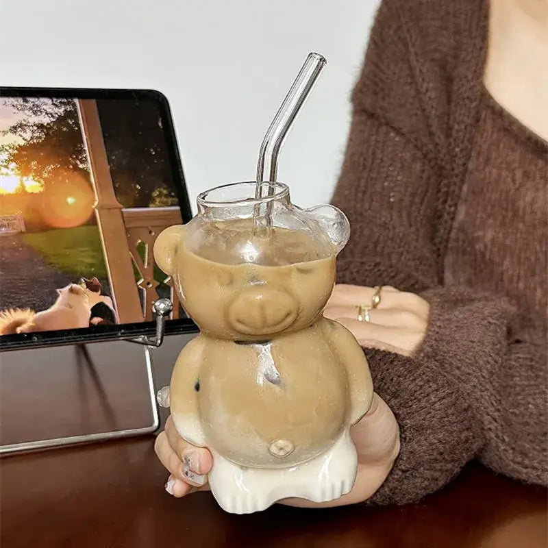 Cute bear glass cups with ceramic base – kitchen coffee drinkware