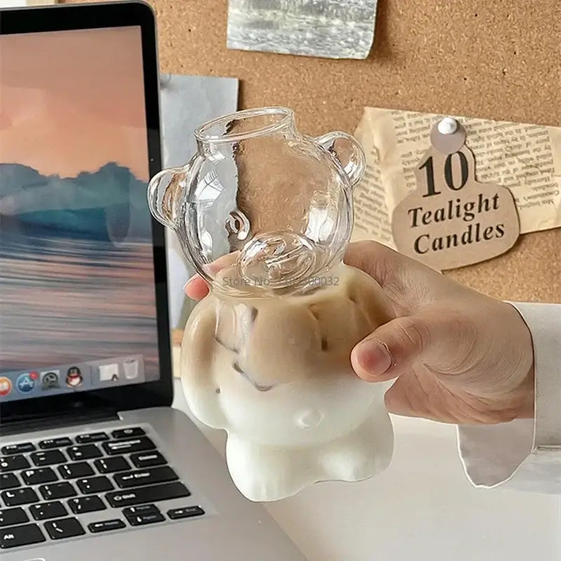 Cute bear glass cups with ceramic base – kitchen coffee drinkware