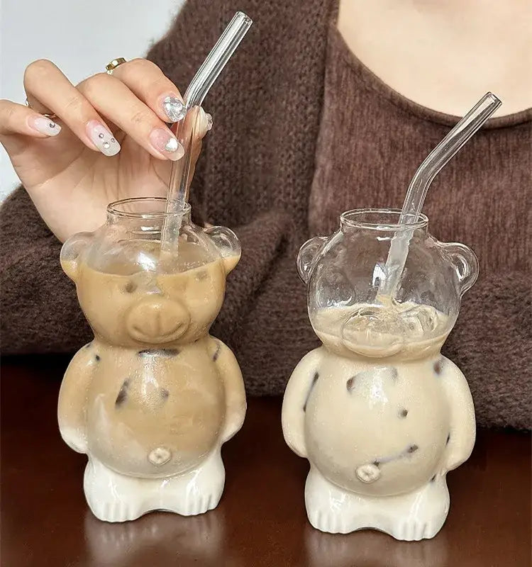 Cute bear glass cups with ceramic base – kitchen coffee drinkware
