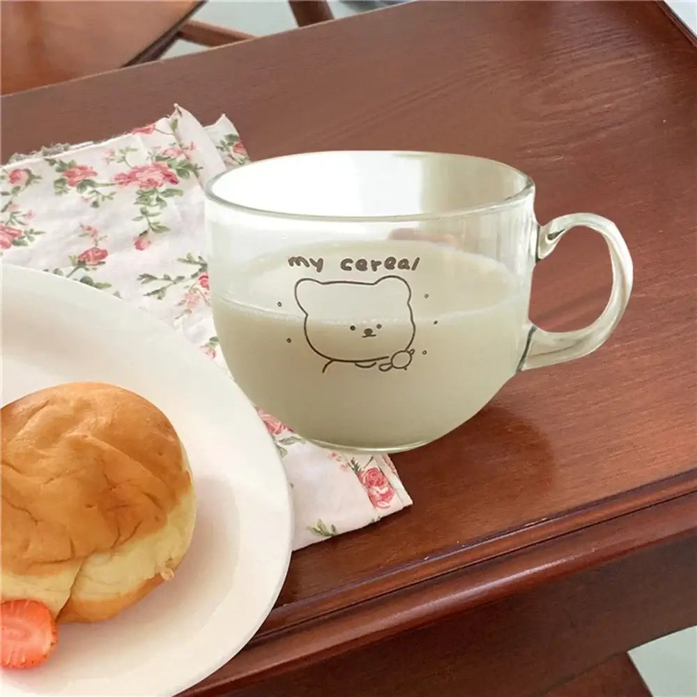 Cute bear print glass coffee mug kitchen cereal cup